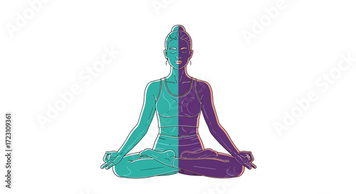Colorful meditation woman in lotus position, yoga illustration for wellbeing concept