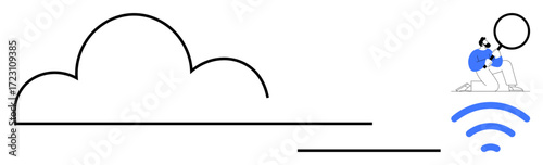 Simplistic cloud shape connected to a wireless signal icon. Person examining with a magnifying glass. Ideal for technology, cloud storage, communication, connectivity, exploration, data transfer