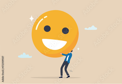 Job satisfaction, employee happiness or optimistic attitude, cheerful morality or endorphins for positive thinking, feel good, emotional intelligence concept, businessman carry big happy smile face