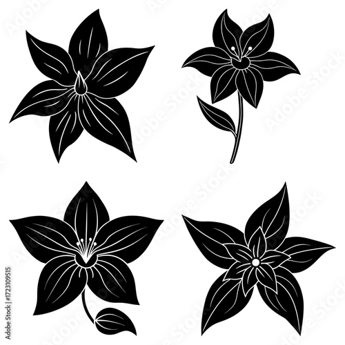 Four black and white floral designs with five petals each in various orientations and arrangements