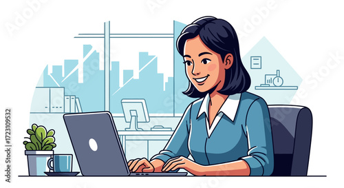 Cartoon illustration of a happy woman working on a laptop in a modern office setting