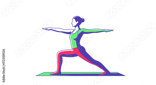 Woman practicing warrior two yoga pose on mat, vector illustration with vibrant colors  isolated
