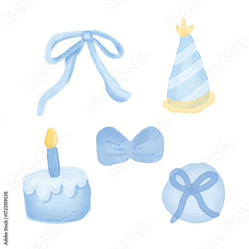 Birthday cake with candle, gift, hat party, ribbon in watercolor style in pastel blue pastel colors. Watercolor illustration set of birthday party elements