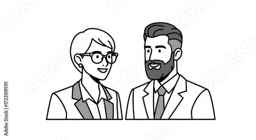 Professional partnership vector illustration featuring business woman and bearded man