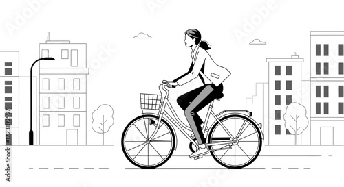 Illustration of a businesswoman riding a bicycle in the city with a monochrome design