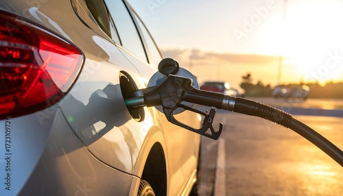 A silver vehicle is being refueled at a gas station, the nozzle inserted into the fuel tank. Sunlight shines