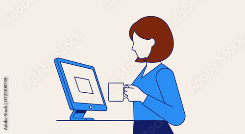 Woman working on computer with coffee mug in hand in minimalist illustration style