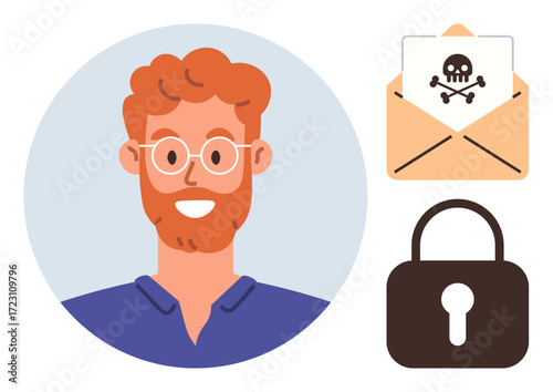 Smiling red-haired man, envelope with skull crossbones as malware alert, lock representing security. Ideal for internet safety, cybersecurity, hacking risk, data protection, phishing awareness