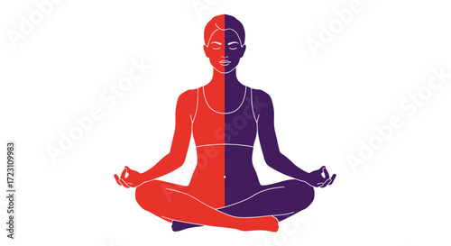 Silhouette of a meditating woman in lotus position with split color scheme showing balance