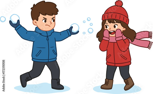 Cartoon children playing snowball fight in winter season, boy throwing snow, girl laughing happily, outdoor fun holiday activity illustration