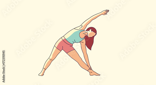 A Minimalistic Illustration of a Woman Practicing Triangle Yoga Pose indoors for wellness