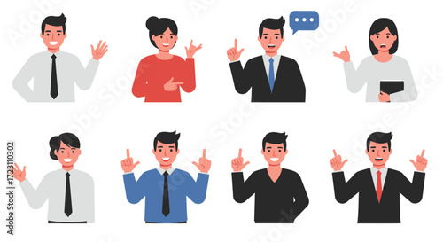 Set of diverse business characters pointing up with ideas.