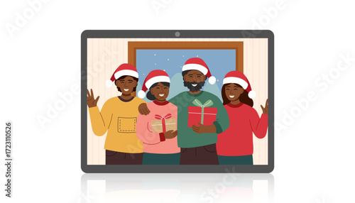 Online Christmas celebration concept. Video call by gadget with two generation family. Family, togetherness and Christmas concept. Vector flat clipart.