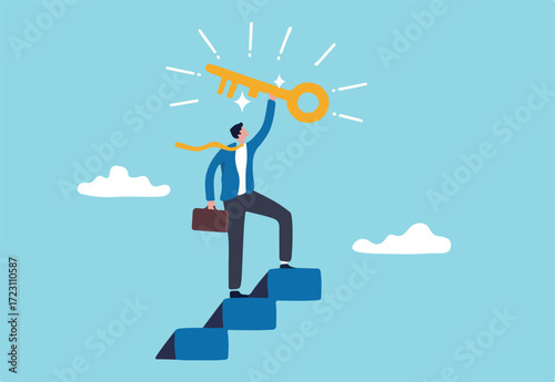 Key to business success, stairway to find secret key or achieve career target concept, businessman winner walk up to top of stairway lifting golden success key to the sky.