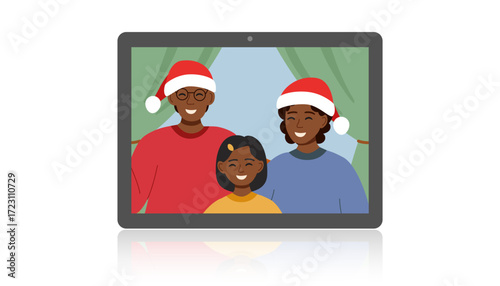 Online Christmas celebration concept. Video call by gadget with family with child. Family, togetherness and Christmas concept. Vector flat clipart.