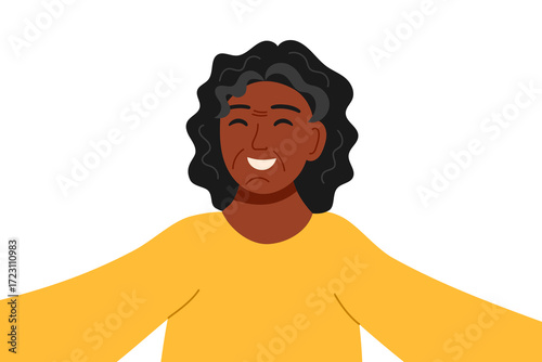 Concept of selfie on a camera. Taking a photo by a gadget camera. Woman holding smartphone and taking a photo. Vector hand drawn clipart isolated on white.