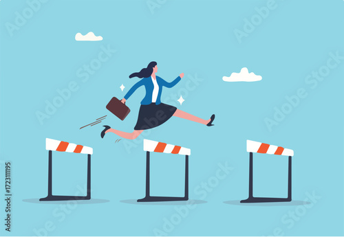 Overcome obstacle or challenge, success journey or aspirations, determination, progress or effort to overcome difficulty concept, confidence businesswoman entrepreneur jumping over series of hurdles