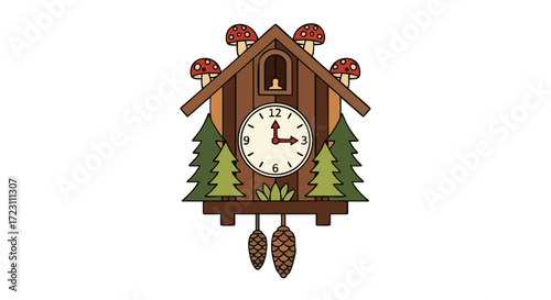 Whimsical cuckoo clock with mushroom accents and forest design adds a touch of rustic charm to any room