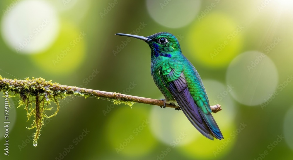 Fototapeta premium Vibrant Hummingbird Perched on Branch, Emerald and Azure Plumage.