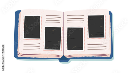 Template of photo album page with photos mockups. Photos cliparts. Memories and lifestyle concepts. Vector flat hand drawn illustration.