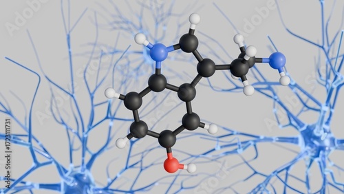 3D illustration of serotonin acts as a neurotransmitter , meaning it's a chemical messenger that transmits signals between neurons across synapses
