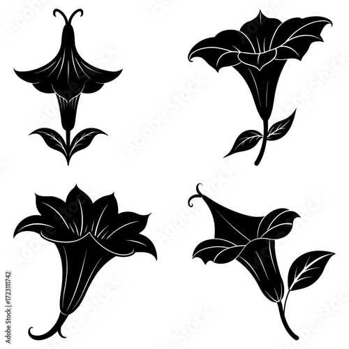 Illustration of four black datura flowers with distinct shapes and petal arrangements on a white background