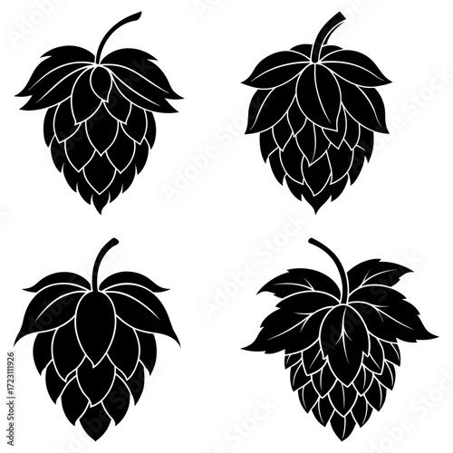 Four black hop cones with detailed bracts and leaves arranged on a white background in a pattern