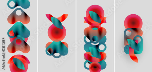 Abstract composition featuring layered colorful shapes. Red, teal hues blend creating dynamic visual rhythm. Minimalist design, modern aesthetic.