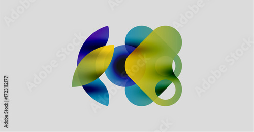 Abstract colorful shapes overlap, creating vibrant gradients. Soft hues blend, forming fluid organic forms against light background.