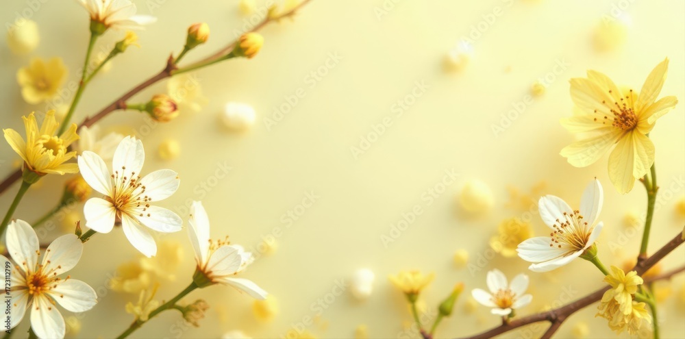 Fototapeta premium Subtle yellow floral pattern, delicate blossoms , light, pastel