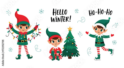 Cheerful Christmas elf characters celebrating winter with lights and holiday cheer, perfect for festive designs and seasonal promotions