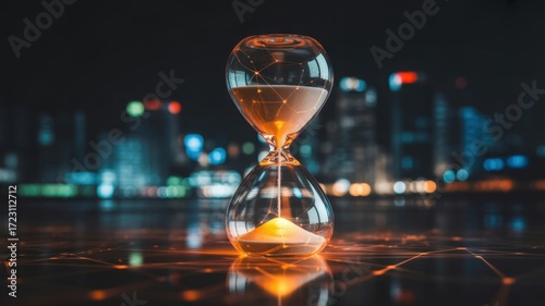 Hourglass: A mesmerizing hour glass stands against a backdrop of a blurred cityscape at night, the sand slowly trickling downwards, symbolizing the passage of time and the preciousness of each moment.