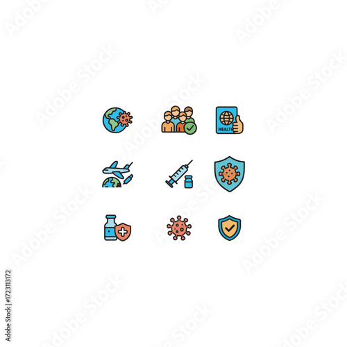 Colorful cartoon style set of 9 global vaccination icons including globe, syringe, passport and vial for worldwide immunization, travel and disease prevention.