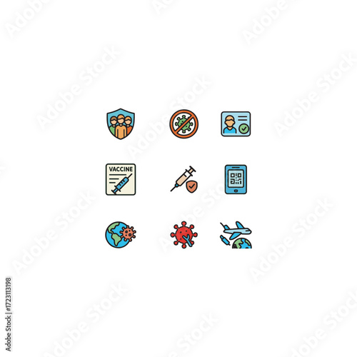 Colorful cartoon style set of 9 global vaccination icons including globe, syringe, passport and vial for worldwide immunization, travel and disease prevention.