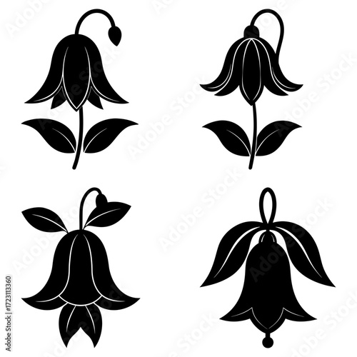 Four stylized bellflower illustrations with leaves and stems in black and white vector format