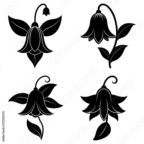 Four stylized black bellflower illustrations with leaves on a white background in a collage style