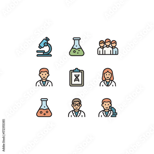 Colorful cartoon style set of 9 clinical trial icons including syringe, lab, medicine and report for vaccine research, science, testing and healthcare awareness.