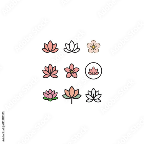Cartoon colorful set of 9 lotus flower icons including blooming petals, water lily, lotus bud and spiritual symbols for wellness, yoga, meditation and decorative design.