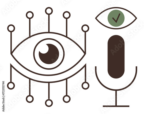 Eye with circuit pattern symbolizing AI vision, microphone for voice recognition, and validated check mark. Ideal for AI, technology, vision, speech processing, validation, biometrics machine