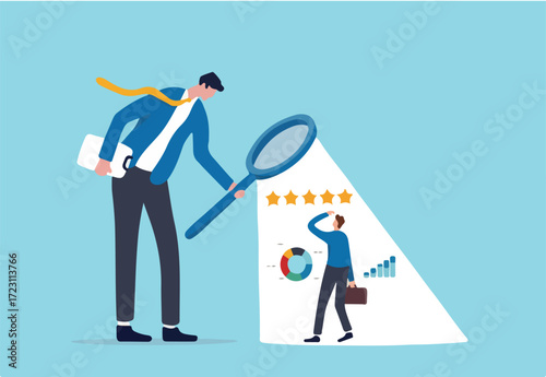 Employee performance evaluation, appraisal or annual review for goals achievement, assessment for rating or feedback concept, businessman manager use magnifier to analyze employee with 5 stars rating.