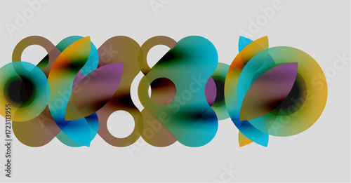 Abstract composition featuring overlapping translucent circles. Colors blend, creating soft gradients, dynamic visual effect.