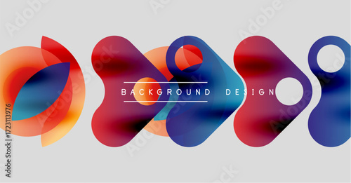 Abstract colorful shapes overlap, creating dynamic background design. Vivid hues blend, offering modern aesthetic.