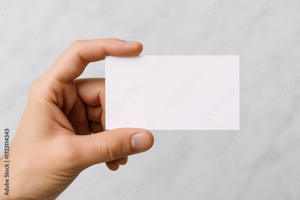 Obraz premium Hand holding blank white business card against light marble background with copy space for branding, identity, or mockup presentation concept. Ai generative
