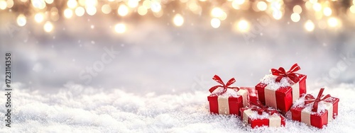 Red Christmas gifts on snow with bokeh lights in the background, creating an elegant festive winter banner design that conveys holiday joy and warmth, captured in ultra-realistic high resolution.