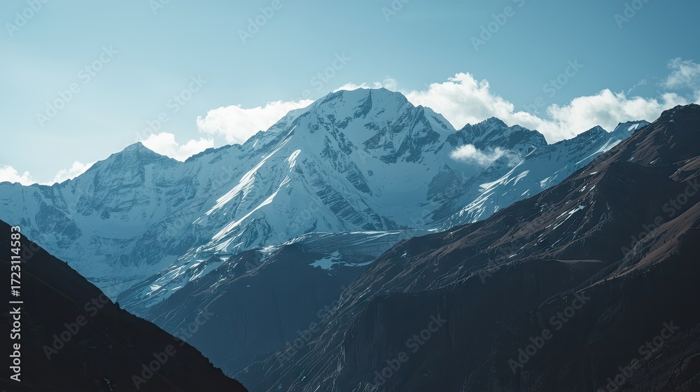 Obraz premium Majestic snow-capped peaks rise above a dramatic mountain range, showcasing a serene and vast landscape under a clear sky.