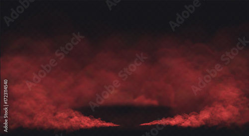 Red Smoke effect on transparent dark background. Fog gray cloud above the floor surface with an empty spot