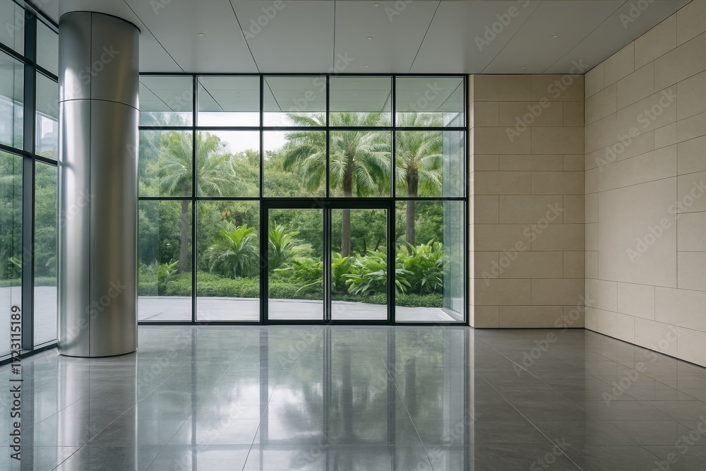 Fototapeta premium Modern empty lobby interior with large glass windows and tropical garden view through clean reflective floor and minimalistic architectural design. Ai generative