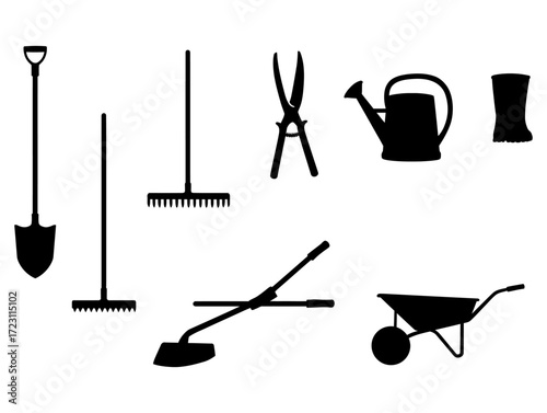 Gardening Tools Silhouette Set Shovel, Rake, Shears, Watering Can, Hoe, Wheelbarrow, Boots