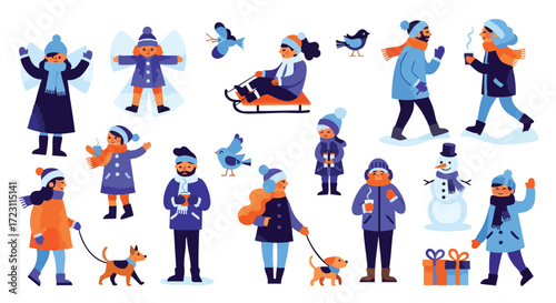 Vibrant collection of happy people enjoying winter activities like sledding, dog walking, and making snow angels with cozy drinks