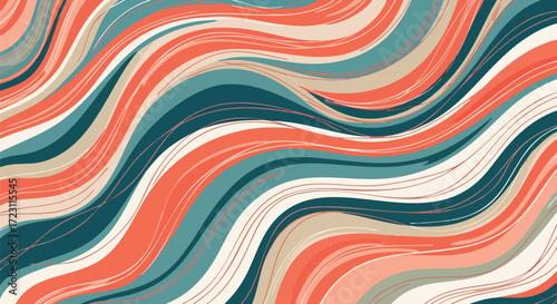 Vibrant flowing waves of coral teal and cream create a modern abstract background with subtle texture and dynamic movement.